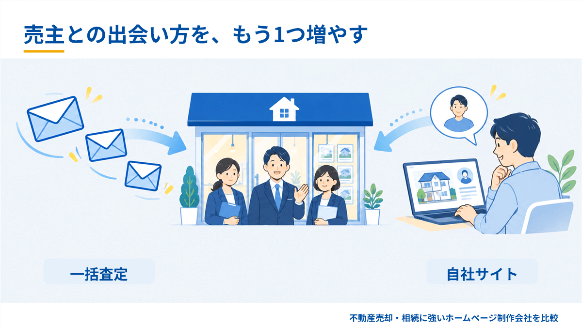 一括査定に加えて、自社サイトという売主との出会い方を増やすイメージ