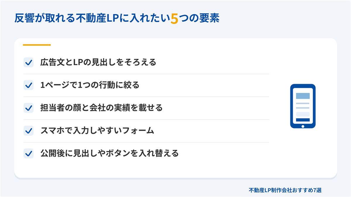反響が取れる不動産LPに入れたい5つの要素のチェックリスト